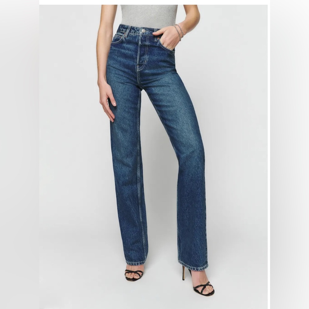 Reformation Women’s Cynthia High Rise Straight Long Blue Jean